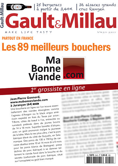 Article Gault & Millau – Juin Juillet 2012  Jean-Pierre GONNORD, www.mabonneviande.com à Jurançon (64)  Une boucherie en ligne où l'on trouve essentiellement des viandes étrangères comme l'agneau d'Aragon ou le Black Angus américain expédié en frais du Texas par avion : T-Bone, côtes de bœuf à l'os, entrecôte ou rumsteck prélevés dans de jeunes bovins de 14 à 18 mois. Superbe bavette d'aloyau, avec un goût prononcé malgré la jeunesse de la bête. Mais le nec plus ultra, c'est le porc ibérique élevé du côté de Guijuelo, en Salamanque. Des porcs de 130 à 150 kg de carcasse abattus entre 10 et 14 mois (6 à 8 mois pour les porcs blancs de Bretagne) : presa (échine de porc ibérique) à se damner tellement la viande fond dans la bouche et du secreto (carbonade de porc ibérique, situé sur l'omoplate), au goût bien marqué.